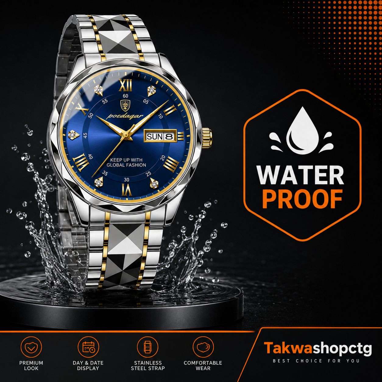 Waterproof Blue Dial Steel Strap Watch